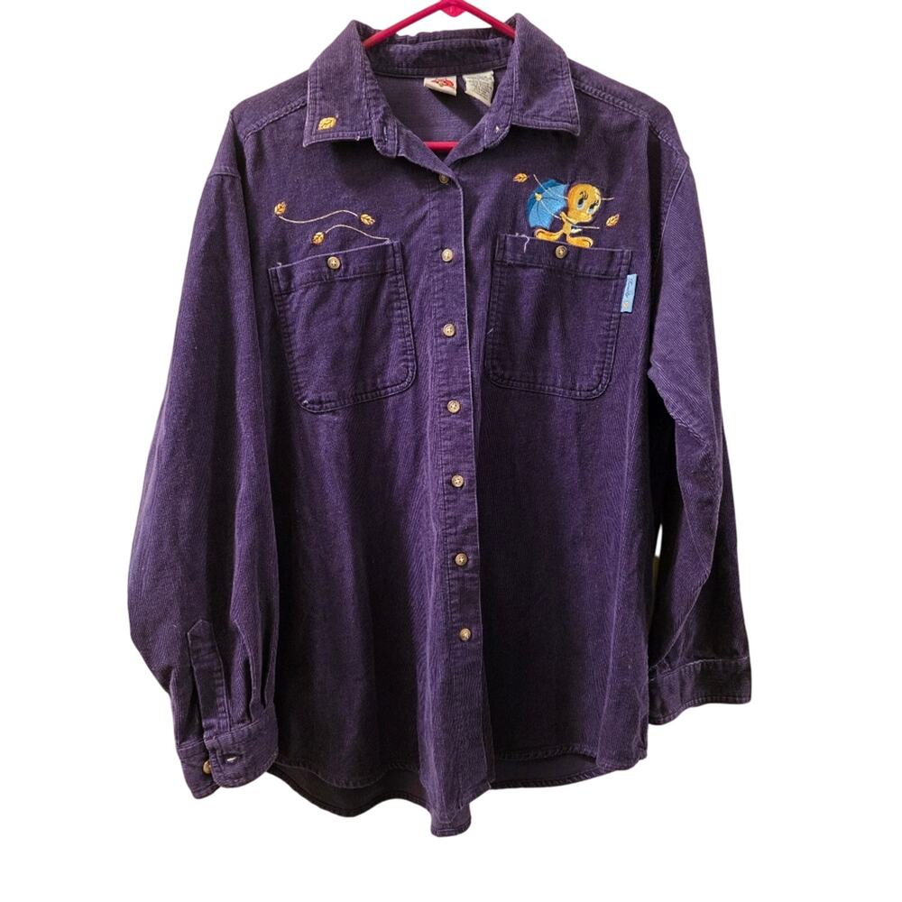 Vtg 90s Warner Brothers Tweety Bird Embroidered Corduroy Shirt Long Sleeve  L